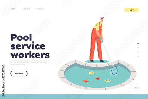 Pool service workers concept of landing page with man cleaning pool from garbage and leaves with net