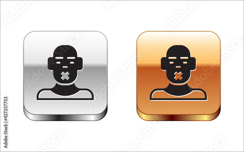 Black Head of deaf and dumb guy icon isolated on white background. Dumbness sign. Disability concept. Silver and gold square buttons. Vector