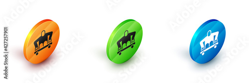 Isometric Man without legs sitting wheelchair icon isolated on white background. Disability concept. Guy with physical disabilities. Circle button. Vector