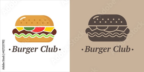Vector logo of a burger cafe on an isolated background. Cheeseburger colored icon. Black and white burger logo. Monochrome image of a burger. Cheeseburger icon.