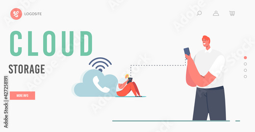 Cloud Storage Landing Page Template. Characters Use Wifi Wireless Connection. VOIP, Voice over IP Technology