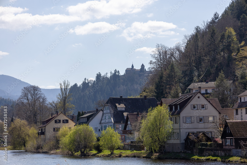 Ausblick auf ein Dorf im Schwarzwald mit einem Schloss im Hintergrund Ausblick auf ein Dorf im Schwarzwald mit einem Schloss im Hintergrund