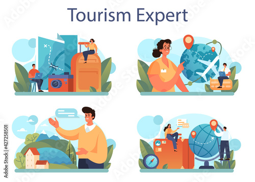 Tourism expert concept set. Travel agent selling tour, cruise, airway or railway