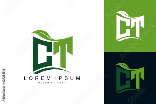 CT logo monogram with green leaf nature organic bio curved shape premium vector design template