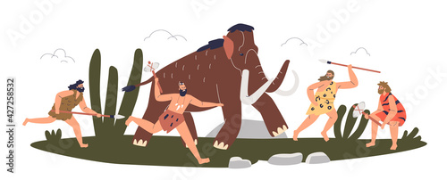 Prehistoric stone age tribe attack mammoth. Cavemen hunters with spears and axes hunting for animal