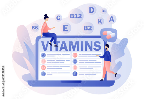 Vitamins complex. Tiny people reading list multi vitamin supplement, vitamin A, group B B1, B2, B6, B12, C, D, E, K on laptop. Healthy nutrition. Modern flat cartoon style. Vector illustration 