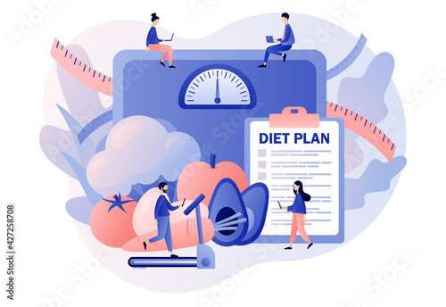 Nutrition diet. Tiny people follow diet plan with healthy food with vegetables, fruit and physical activity. Nutritionist online. Modern flat cartoon style. Vector illustration on white background