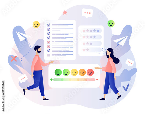 Feedback concept. Customer survey, review and opinion. Tiny people leave feedback and put assessment in online service. Modern flat cartoon style. Vector illustration on white background