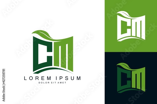 CM logo monogram with green leaf nature organic bio curved shape premium vector design template