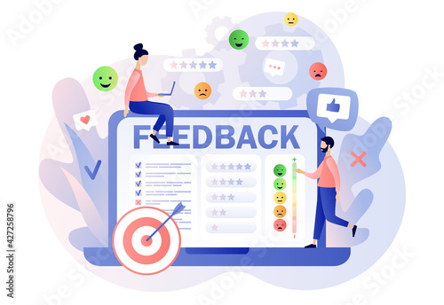 Feedback concept. Customer survey, review and opinion. Tiny people  leave feedback and put assessment online on laptop. Modern flat cartoon style. Vector illustration on white background