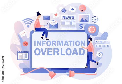 Information overload. Information detox. Tiny people protecting themselves from flow of information and news turning off laptop. Digital detox. Modern flat cartoon style. Vector illustration