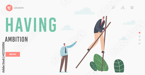 Competitive Advantages, Ambitions Landing Page Template. Businessman Character Walking on Stilts. Business Situation