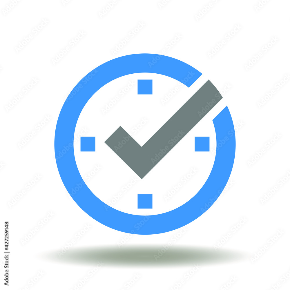 Clock with check mark vector illustration. Compliance symbol. Time management icon. Event schedule sign. Clock with check mark vector illustration. Compliance symbol. Time management icon. Event schedule sign.