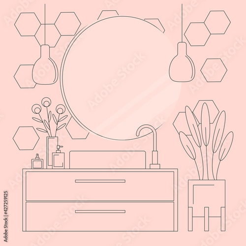 Bathroom interior. Mirror, washbasin, flowerpots, eau de toilette, soap. Linear art on a pink background. Vector illustration