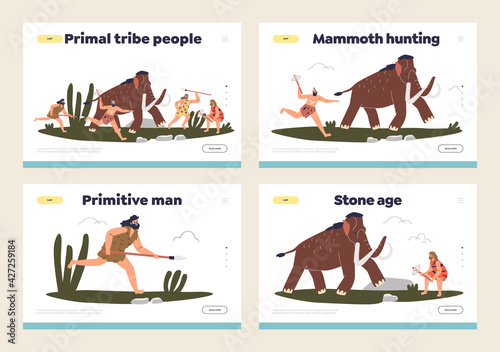 Set of landing pages with prehistoric, primal tribe primitive cavemen hunting on mammoth