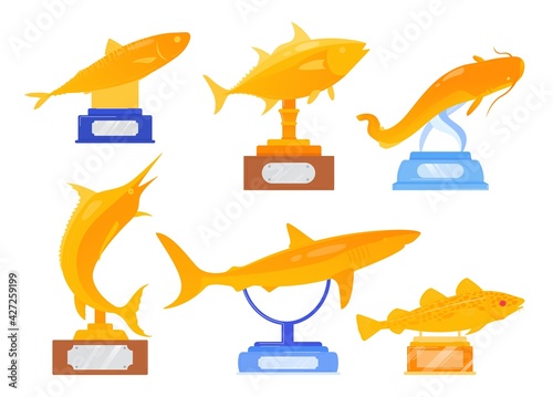 Gold trophies set, sport fishing, champion winner, successful leadership, cartoon style vector illustration, isolated on white.