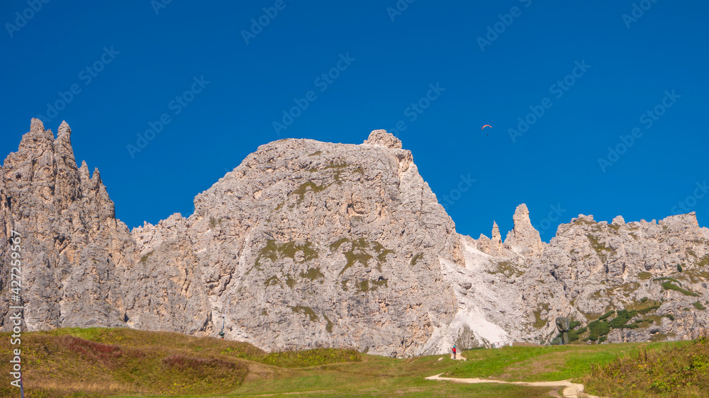 Magical Dolomite peaks of Pizes da Cir, Passo Gardena at blue sky and sunny day, South Tyrol, Italy