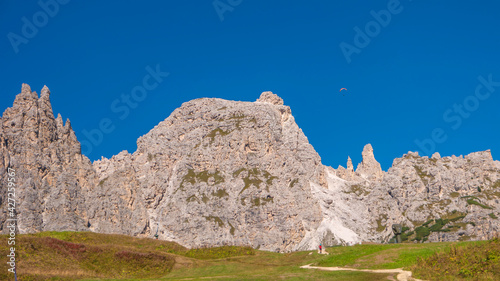 Magical Dolomite peaks of Pizes da Cir  Passo Gardena at blue sky and sunny day  South Tyrol  Italy