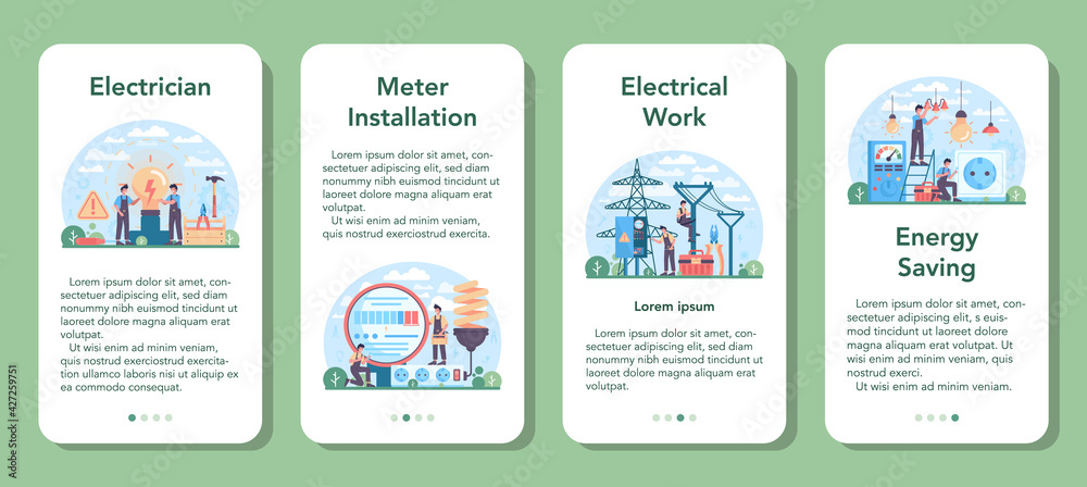 Electrician mobile application banner set. Electricity works service worker