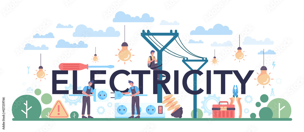 Electricity typographic header. Electricity works service worker in the uniform