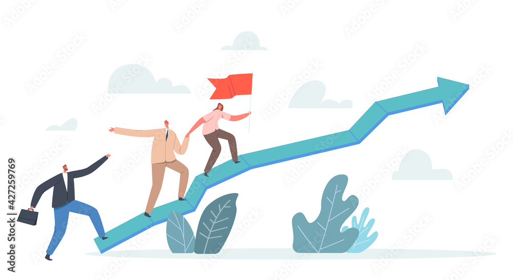 Fototapeta premium Teamwork and Leadership Concept. Business Team Climbing Up Arrow Chart with Leaders Holding Red Flag. Peak of Success