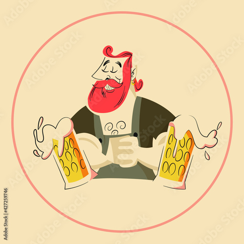 Retro illustration - hipster brewer - barman serving beers