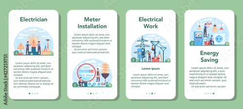 Electrician mobile application banner set. Electricity works service worker