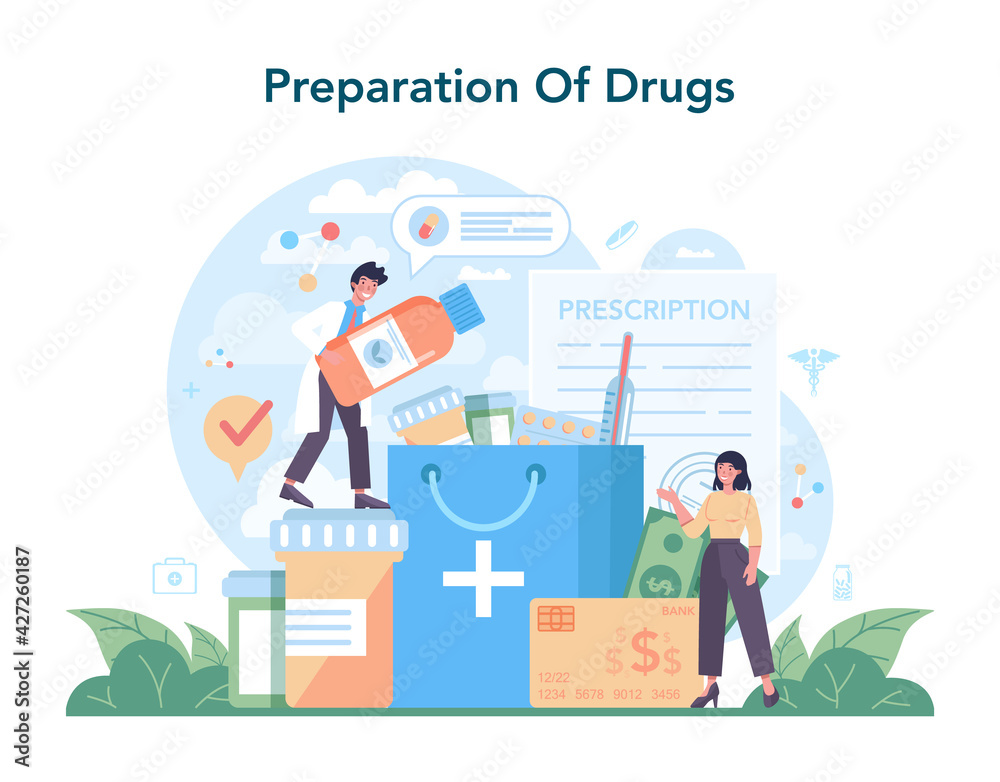 Pharmacy concept. Pharmacist preparing and selling drugs