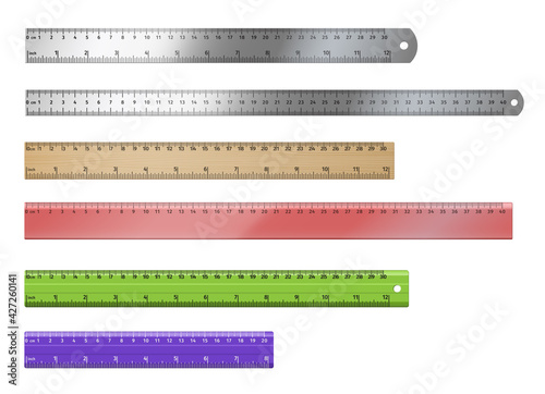 Set of realistic rulers: plastic and metal of different length and color with measures