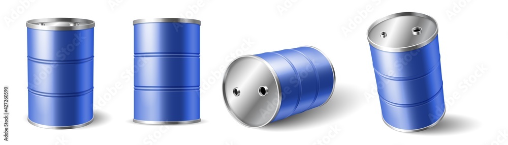 Realistic 3d detailed oil barrels from different sides. Metal container for storage of liquid fuel Realistic 3d detailed oil barrels from different sides. Metal container for storage of liquid fuel