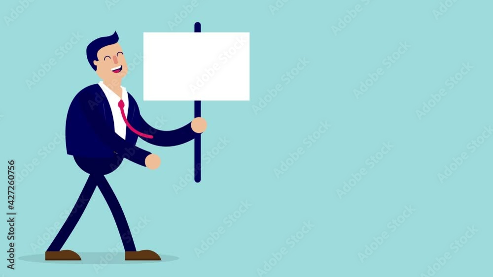 Businessman holding sign in hand animation - Corporate cartoon man walking, holding empty sign, to insert you own text or message. Businessman holding sign in hand animation - Corporate cartoon man walking, holding empty sign, to insert you own text or message.