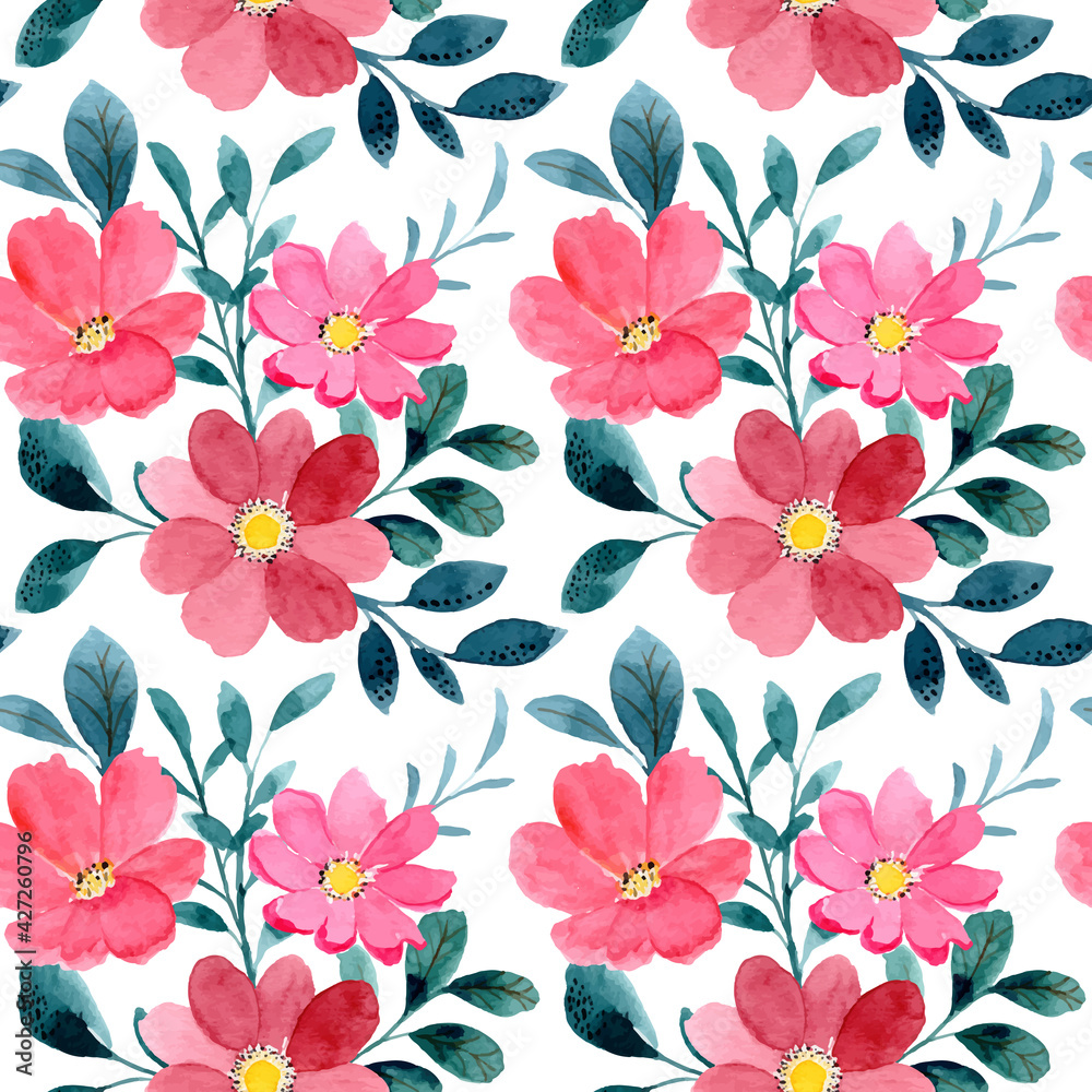 Seamless pattern of red floral watercolor
