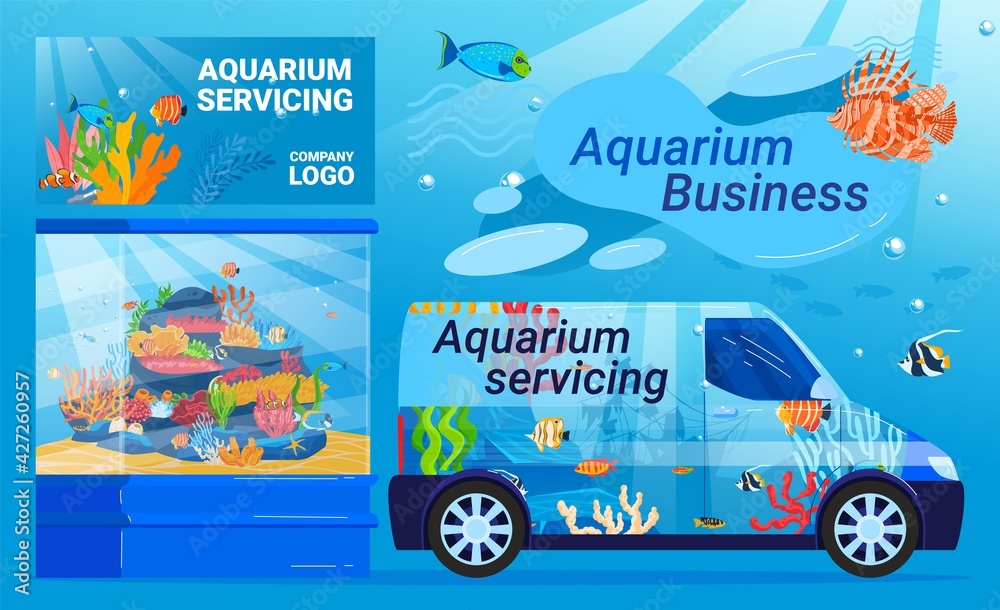Naklejka premium Aquarium maintenance service, lettering by car, aquarium business, colorful underwater world, cartoon style vector illustration.