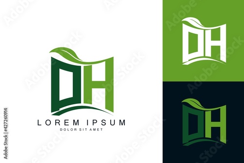 DH logo monogram with green leaf nature organic bio curved shape premium vector design template