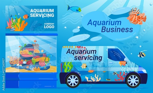 Aquarium maintenance service, lettering by car, aquarium business, colorful underwater world, cartoon style vector illustration.