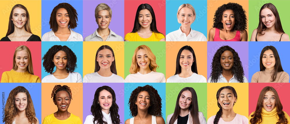 Composite set of smiling diverse multicultural women