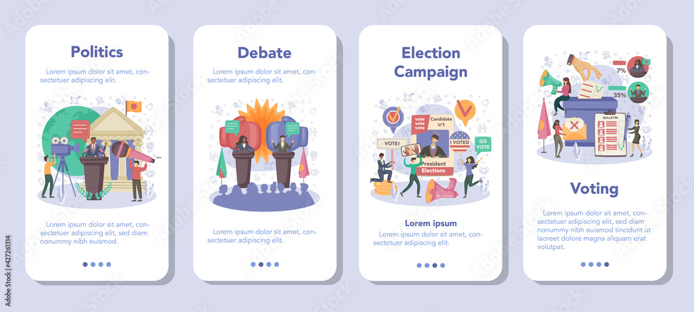 Politician mobile application banner set. Idea of election and governement.