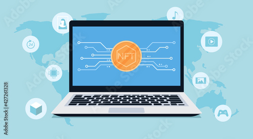 Concept of NFT, non-fungible token around the world with network, golden coin and icon on laptop computer, vector flat illustration