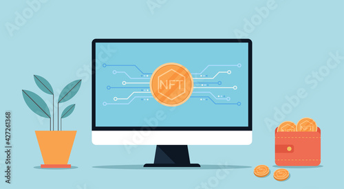 Concept of NFT, non-fungible token on computer with golden coin icon sale on internet online marketplace and blockchain technology, vector flat illustration