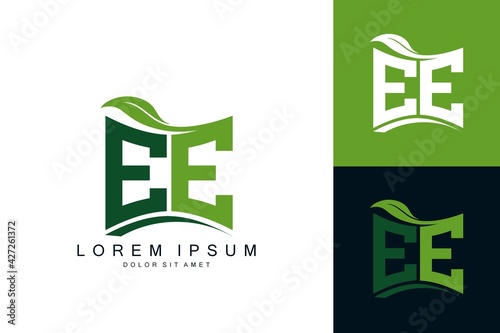 EE logo monogram with green leaf nature organic bio curved shape premium vector design template