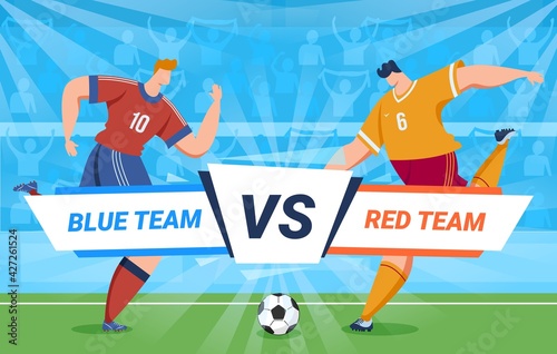 Blue player against red, professional soccer teams competition, new match, active play, team sport, flat style vector illustration