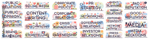 Big public relations typographic header set. PR technologies