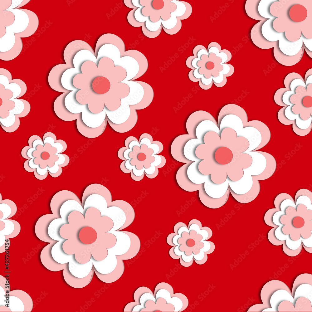 3D pink flowers on a colored background. Seamless background. Stylish creative wallpaper. 3D pink flowers on a colored background. Seamless background. Stylish creative wallpaper.