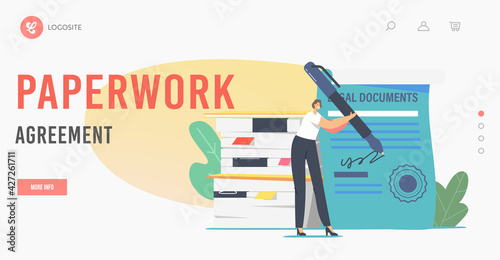 Paperwork Agreement Landing Page Template. Tiny Lawyer Female Character with Huge Pen Signing Certificate