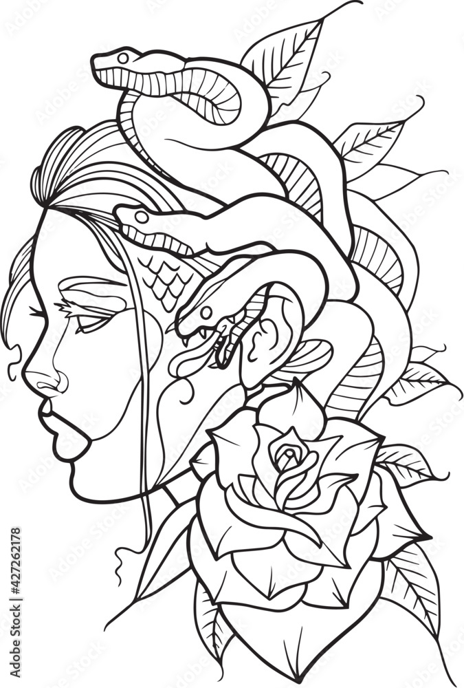 Medusa Tattoo Stencil Vector Stamp Illustration Coloring Stock
