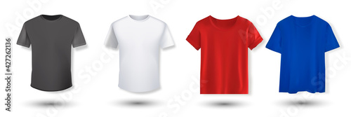 Shirt mockup set. T-shirt template. Black, red, white, blue version, front design.