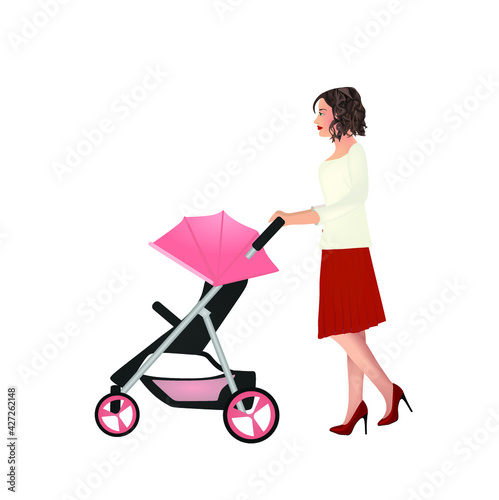 Woman push baby stroller. vector