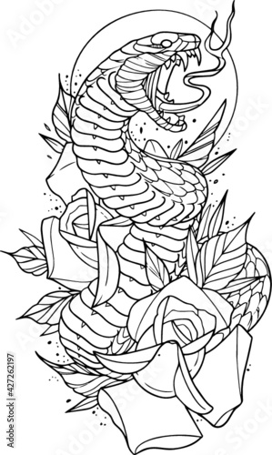Snake with Roses Tattoo Stencil Vector Stamp Illustration Coloring ...