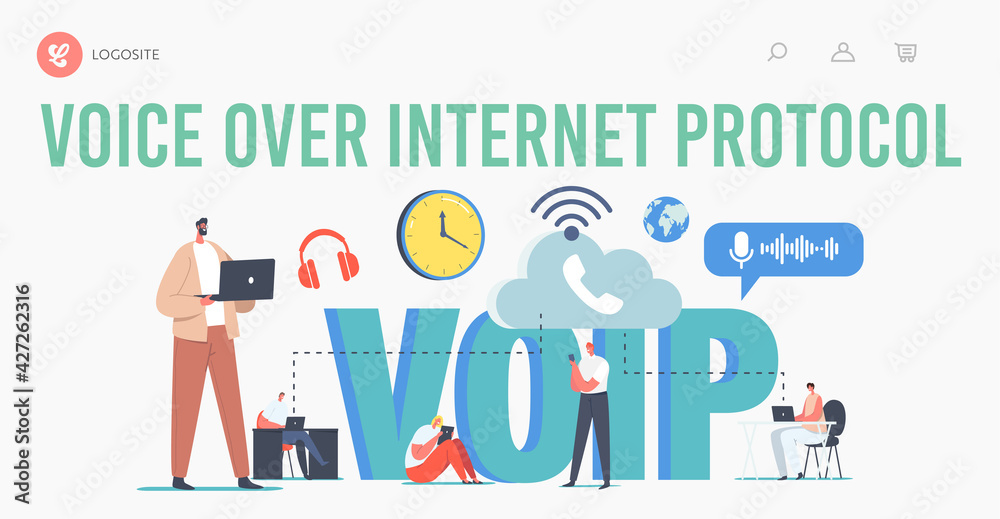 VOIP Technology, Voice over IP Landing Page Template. Characters Use Telecommunication System, Telephone Communication
