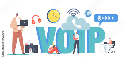 VOIP Technology, Voice over IP Concept. Characters Use Telephony, Telecommunication System, Telephone Communication